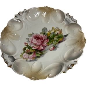 Vintage Limoges Pink Rose Round Scalloped Bowl Plate Dish Gold Gilded 10.5".